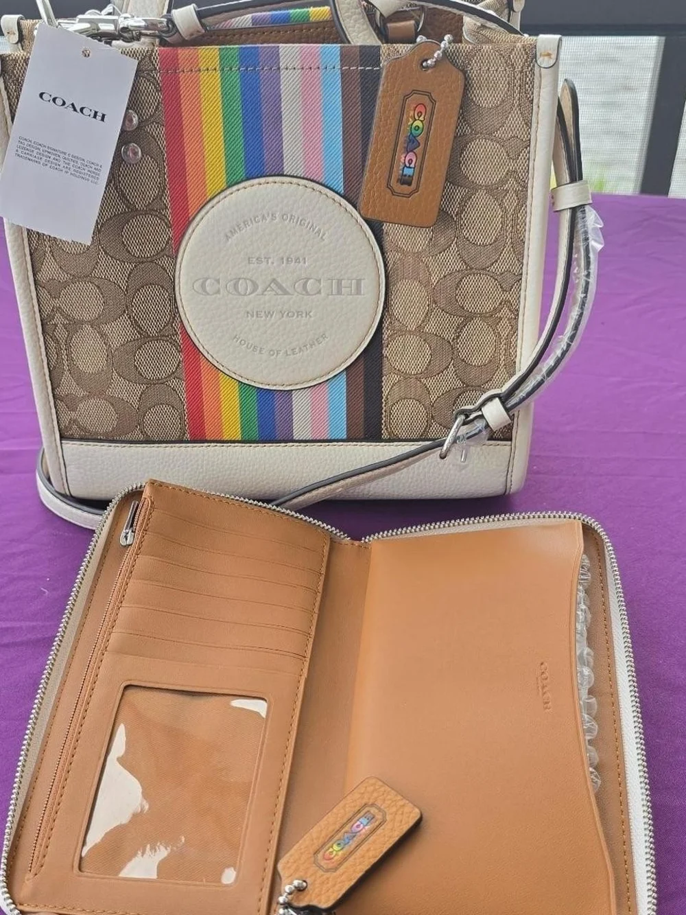 Coach Rainbow Stripe Signature Print White Leather Trim Tote & Matching Wallet